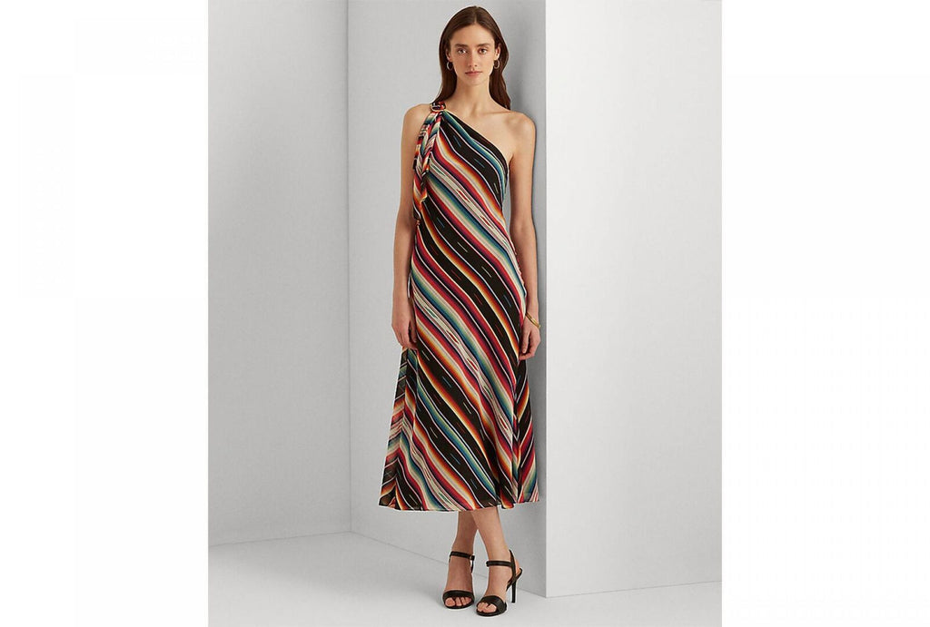 ralph lauren georgette one shoulder dress Lauren Ralph Lauren Women's Geo-Print Georgette One-Shoulder Dress - Red/Tan