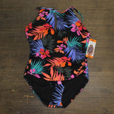 Jessica Simpson Womens Midweight Textured One Piece Swimsuit Palms Black 2XL
