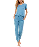 Roudelain Womens V-Neck T-Shirt & Jogger Pants Pajama Set Niagara Blue S