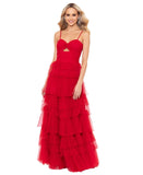 Blondie Nites Juniors Mesh Tiered Spaghetti Strap Gown Dress 4637BN Red 15
