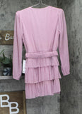 B. Darlin Metallic V-Neck Belted Ruffled Tiered Sheer Sleeved Dress Pink 5/6