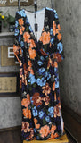 24seven Comfort Apparel 3/4 Sleeves Side Slit Maxi Dress Black Multi Print 3X