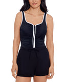 Mimi Flamingo Zipper One-Piece Swimsuit with Shorts Overlay Black / White 14