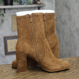 Kenneth Cole Jax Stretch Faux Suede High Heel Ankle Boots Cognac Brown 8M