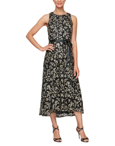 Alex Evenings Embroidered Full Skirt Tie Belt Midi Dress Black / Gold 14