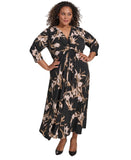 Calvin Klein Printed Twist-Front 3/4 Sleeve Maxi Dress Black Oyster Multi 16W