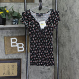 Polly & Esther Juniors Knit Ribbed Tunic Tie Front Shirt Top Black Multi M