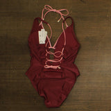 Sanctuary Womens Layered Plunging One-Piece Swimsuit Garnet Red Pink Multi L