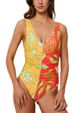 Solid & Striped One-Piece Colorblock Swimsuit Hibiscus Print Yellow Multi XS