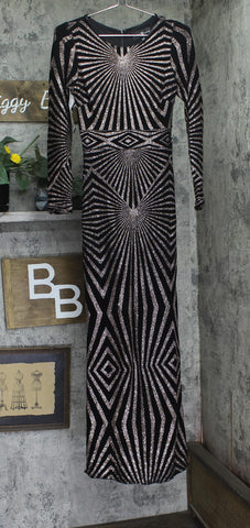 Betsy & Adam Womens Long Sleeve Glitter-Print Gown Black / Gold 4