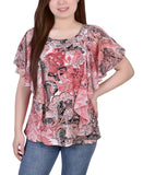 Ny Collection Studded Neckline Chiffon Sleeve Poncho Top Coral Paisley Pink XL