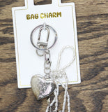 Key Ring Heart Locket Charms Beaded Bow Bag Charm Silver Gray / White 6.5"