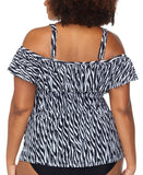 Raisins Curve Trendy Tortuga Ruffled Tankini Top Cold Shoulder Black / White 14W