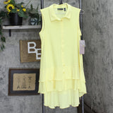 Nina Leonard Tunic Sleeveless Collared Top with Ruffle Hem Lemon Zest Yellow L
