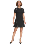DKNY Womens Studded Short Sleeve Leather Detail Flare Sheath Dress Black 14