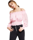 Bar III Womens Woven Satin Smocked Off-the-Shoulder Top Cupid Blush Pink S