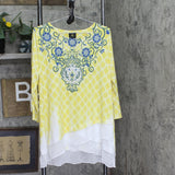 JM Collection Printed Medallion Garden Knit Blouse Top Primrose Yellow / Multi L