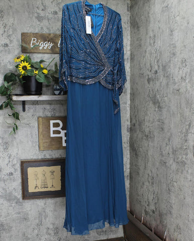 J Kara Womens 3/4 Sleeve V-Neck Beaded Faux Wrap Long Dress Teal Blue Biggybargains J Kara Womens 3/4 Sleeve V-Neck Beaded Faux Wrap Long Dress Teal Blue Biggybargains