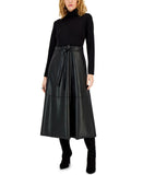 Anne Klein Womens Faux-Leather A-Line Midi Dress 10853433 Black 2