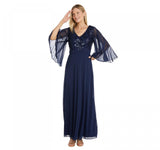 R&m Richards Embroidered Sequin Bodice Gown Dress with Cape Sleeves Navy Blue 12