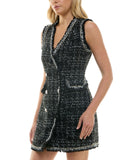Trixxi  Fringe-Trim Boucle Sleeveless Faux Pocket Tweed Dress Black / White S