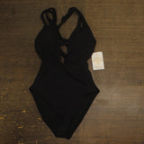 Becca Womens Modern Edge Textured Plunging Neck One Piece Swimsuit Black M