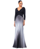 Betsy & Adam Ruched 3/4 Sleeve Pleated Ombre Skirt Dress Gown Black / Silver 8