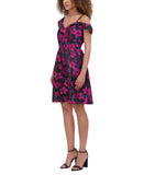 Kensie Womens Floral Jacquard A-Line Dress Cold Shoulder KDTP3014 Black Multi 6
