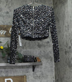 Alex & Sophia Cropped Faux-Pearl-Trim Sequin Velvet Top Charcoal Black 2XS