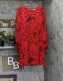 Calvin Klein Floral Chiffon Sheer Sleeve Jewel Neck Shift Dress Red / Black 6