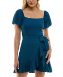 Trixxi Juniors Puff-Sleeve Side-Tie Fit & Flare Dress Dark Teal Blue Green L