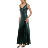 Taylor Sleeveless Stretch Mesh Sequin Cinched Waist Gown Dress Bottle Green 2