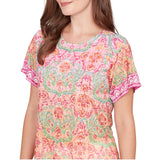 Ruby Rd Damask Print Knit Scoop Neck Short Sleeve Tee Fuschia Pink Multi 1X