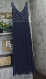 J Kara Beaded Sequin Sheer Bodice V-Neck Evening Gown Dress 5587N Navy Blue 8