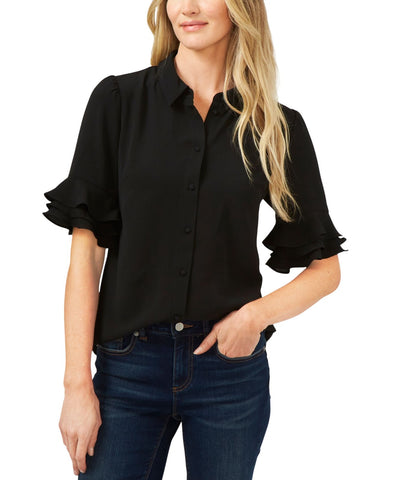 Cece Womens Short Sleeve Ruffle-Sleeve Button Down Blouse 7061012 Rich Black M