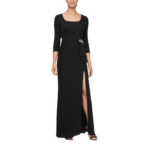 Alex Evenings Embellished 3/4 Sleeve Square Neck Side Slit Gown Dress Black 14