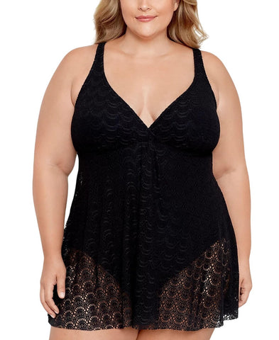 Swim Solutions Plus Size Lace Swimdress Flyaway One Piece Swimsuit Black 18W