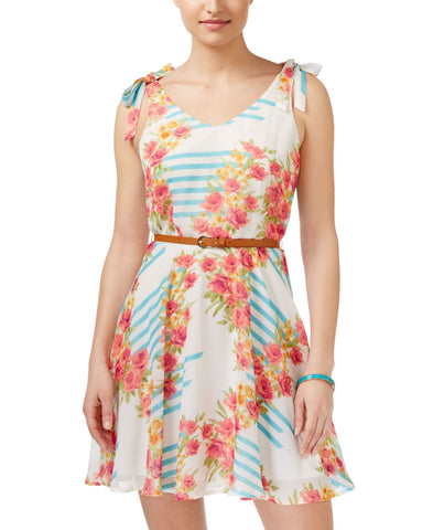 City Studios Juniors Belted Floral-Print Fit & Flare Dress Blue Multi 3