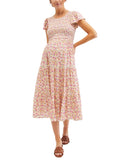 Motherhood Maternity Smocked Tiered Floral Midi Maternity Dress Pink Multi XL