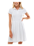 Planet Gold Ribbed Short Sleeve Point Collar Short Fit  Flare Dress White L
