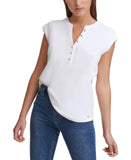 Calvin Klein Women's T-Shirt Silver Button Detailing Tee M1TH0807 Soft White L