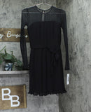 DKNY Petite Belted A-Line Dress Jewel Neck Pleated Mesh Dress XD4KI694 Black 0P