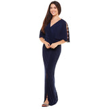 MSK V-Neck Rhinestone Ladder Trim Side Slit Evening Gown Dress Navy Blue S
