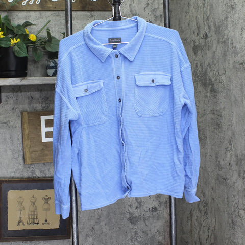Anybody Womens Button Front Washed Waffle Knit Button Front Top French Blue M