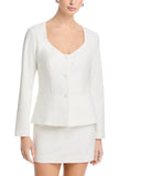 Aqua Linen Blend Square Neck Button Front Collarless Jacket Ivory Off White S