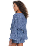 Bar III the Prowl Long Sleeve Lace-up Romper Swim Cover Up Navy Cheetah Blue M