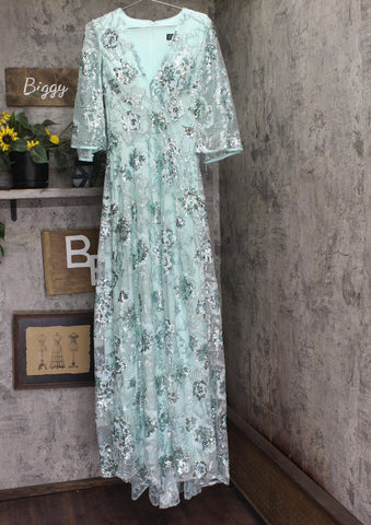 Jovani  Womens Embellished V Neck 3/4 Open Sleeve Formal Dress Gown Mint Green 6