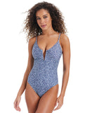 Bar III Womens on the Prowl V-Wire One-Piece Swimsuit Navy Blue Multi L