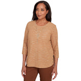 Alfred Dunner Shimmer Animal Jacquard Knit Top 15255WR Cognac Brown 1X