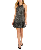 Taylor Women's Sequined Flounce-Hem Halter Dress 3083M Flaxen Seal Black 8